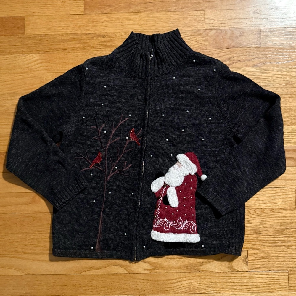 Women's Black Santa Zip Cardigan Sweater